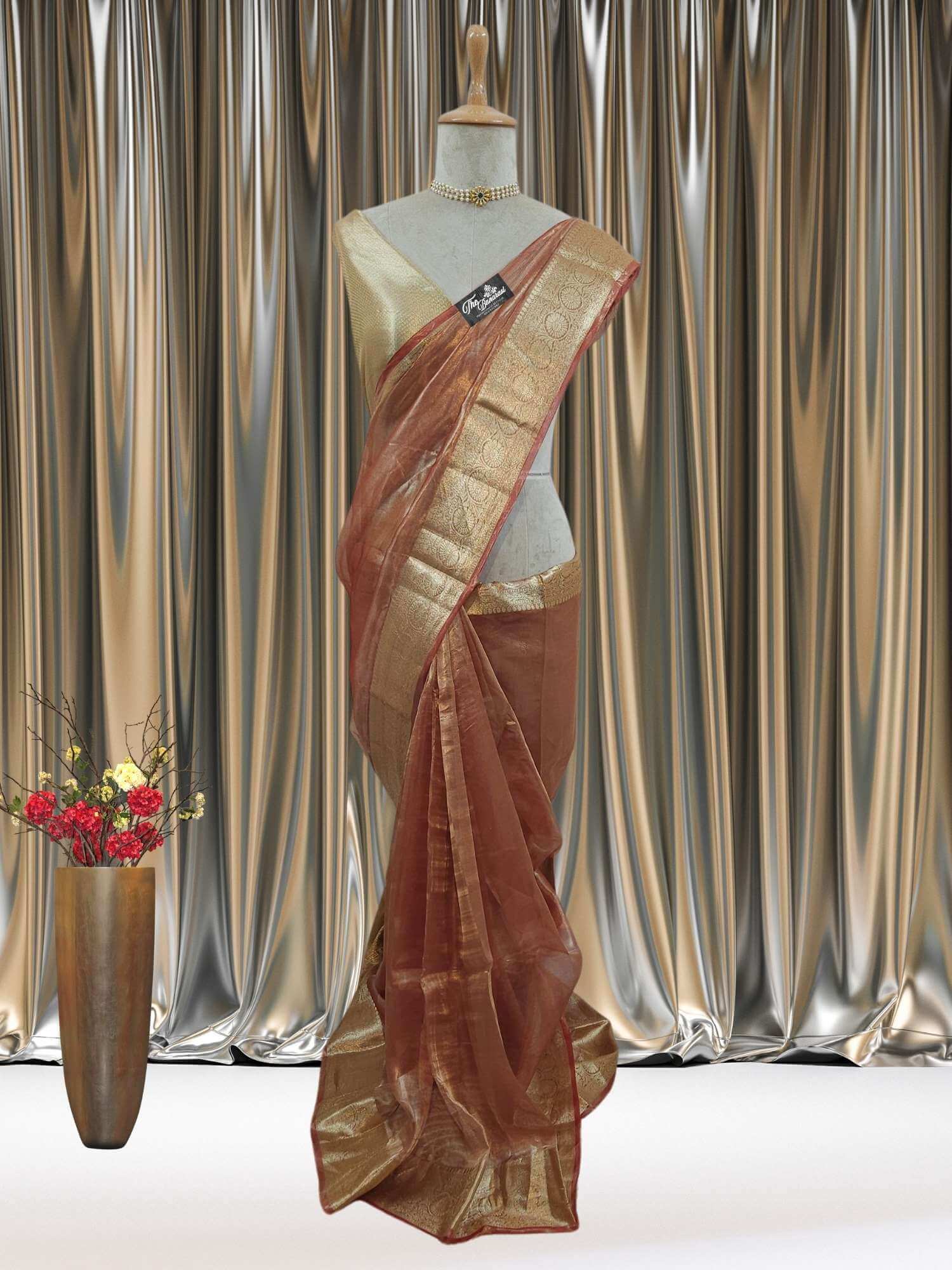 Mannequin wearing Luxury Brick Color Handwoven Banarasi Tissue Silk Saree - Full View