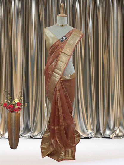 Mannequin wearing Luxury Brick Color Handwoven Banarasi Tissue Silk Saree - Full View