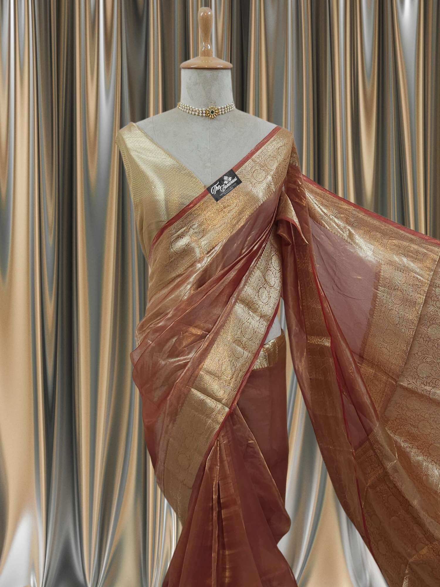 Close-up of Luxury Brick Color Handwoven Banarasi Tissue Silk Saree