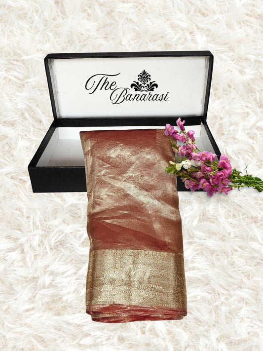 Luxury Brick Color Handwoven Banarasi Tissue Silk Saree - Partial View