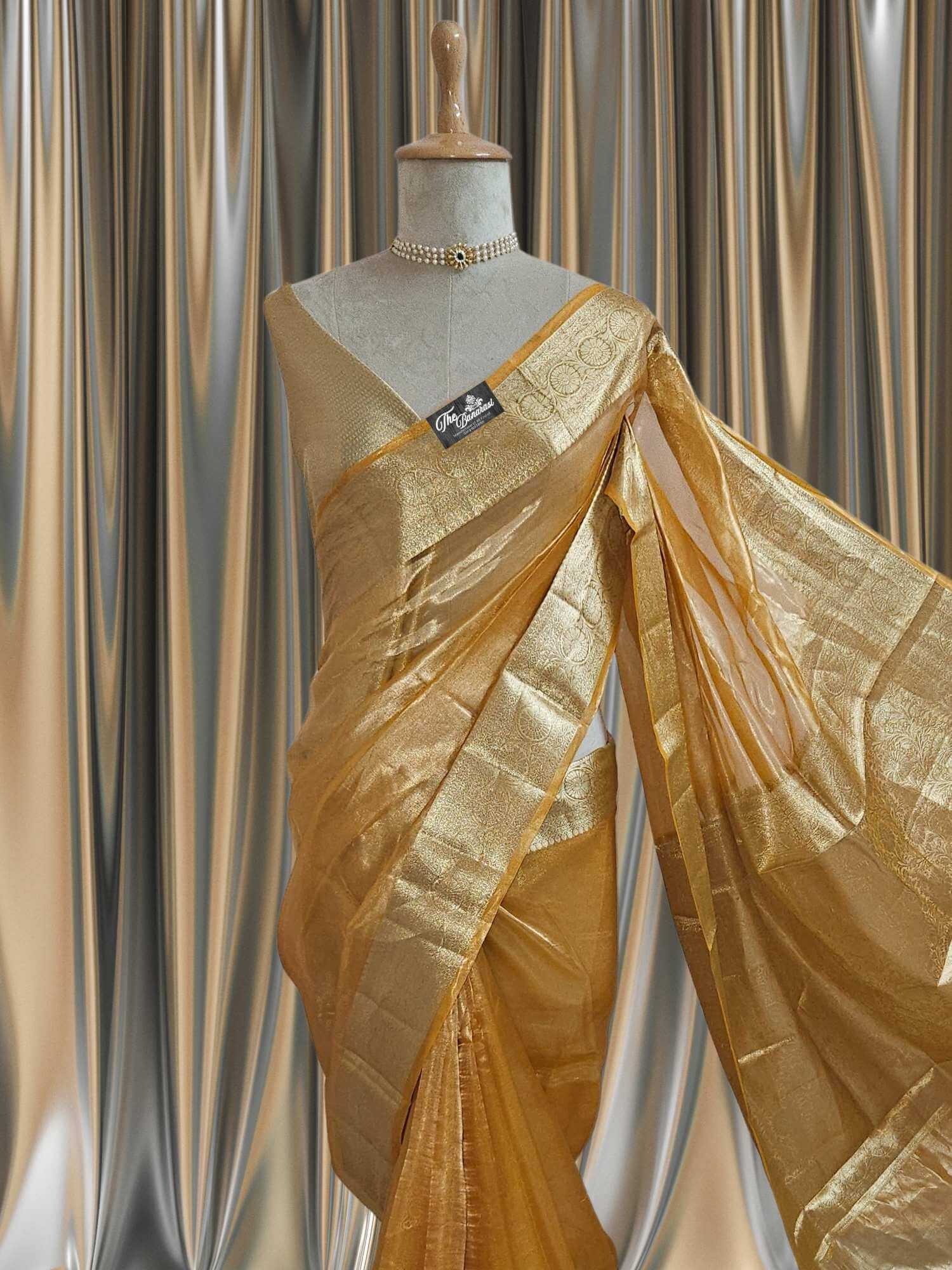 Close-up of Luxury Mustard Color Handwoven Banarasi Tissue Silk Saree