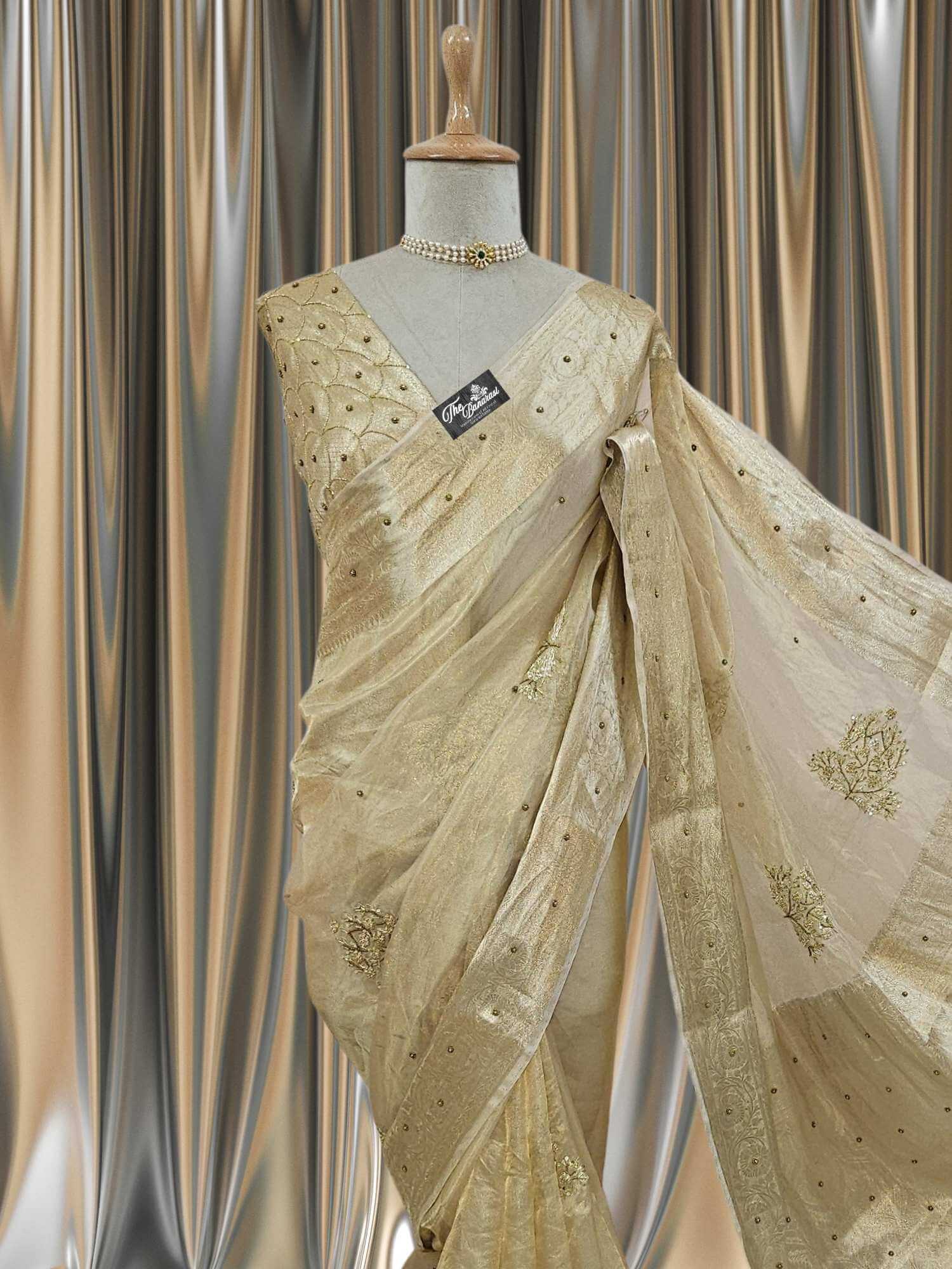 Close-up of Luxury Cream Golden Handwoven Banarasi Tissue Silk Saree