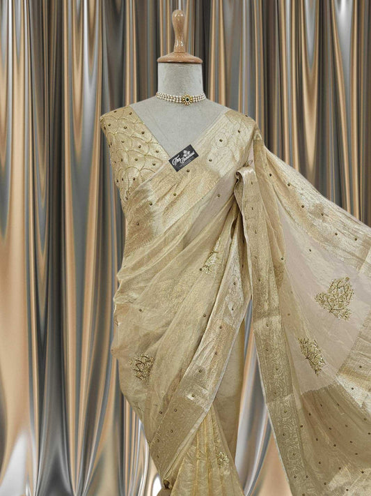 Close-up of Luxury Cream Golden Handwoven Banarasi Tissue Silk Saree