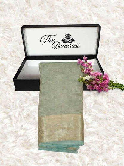 Luxury Mint green Handwoven Banarasi Tissue Silk Saree - Partial View
