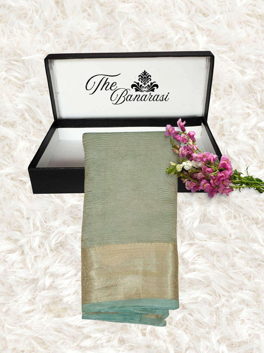Luxury Mint green Handwoven Banarasi Tissue Silk Saree - Partial View
