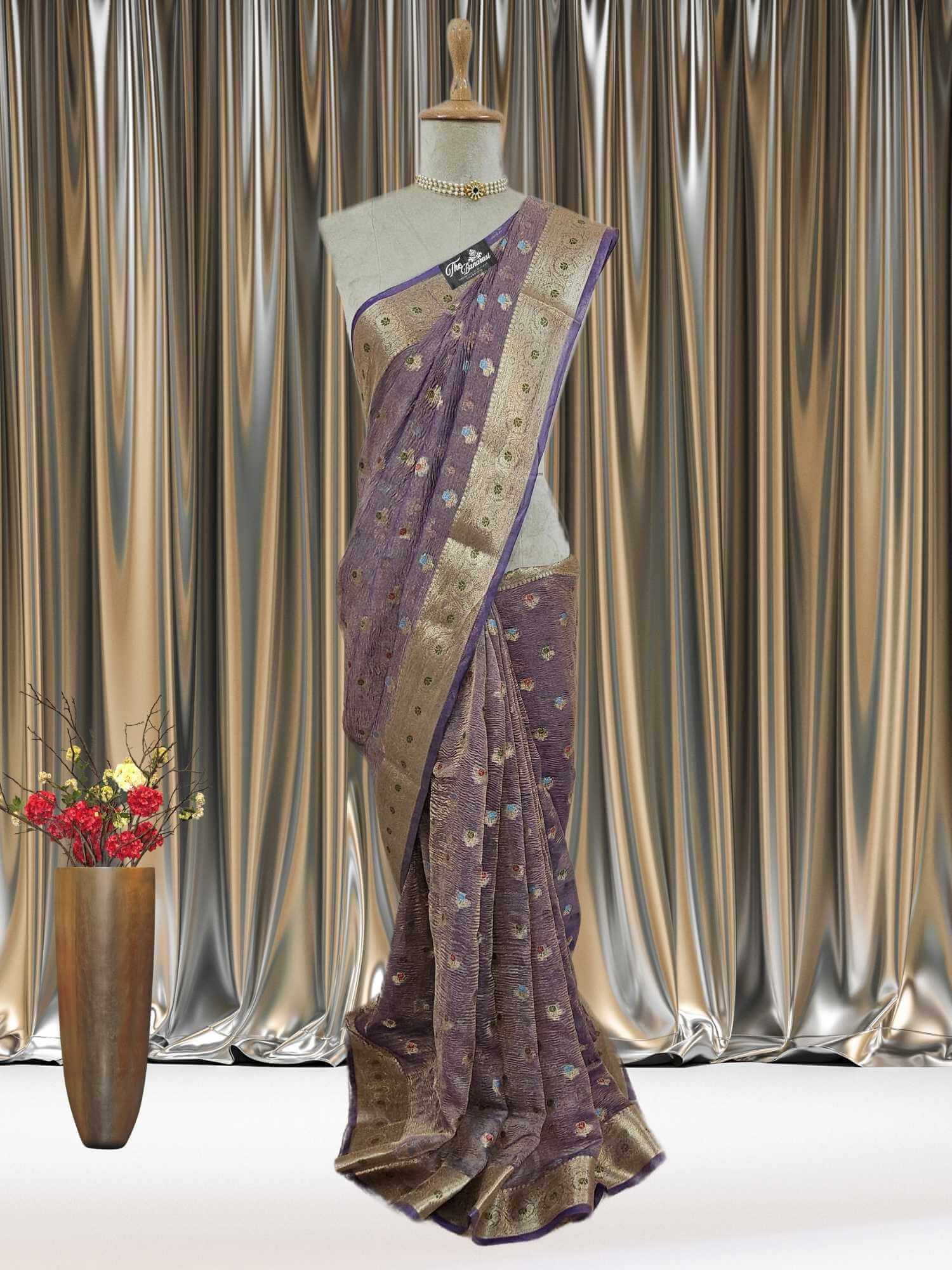 Mannequin wearing Luxury Violet Handwoven Banarasi Tissue Silk Saree - Full View