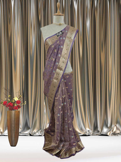 Mannequin wearing Luxury Violet Handwoven Banarasi Tissue Silk Saree - Full View
