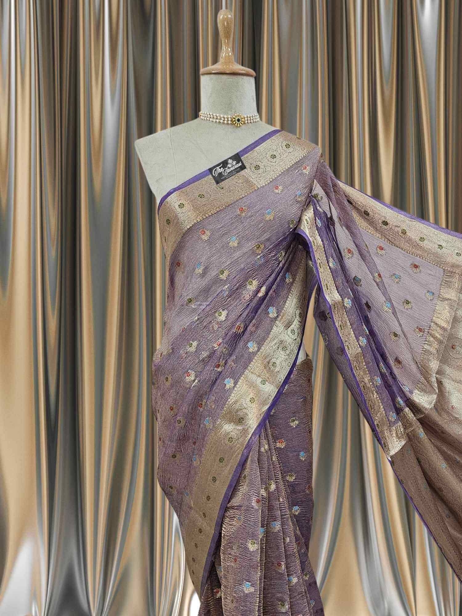 Close-up of Luxury Violet Handwoven Banarasi Tissue Silk Saree