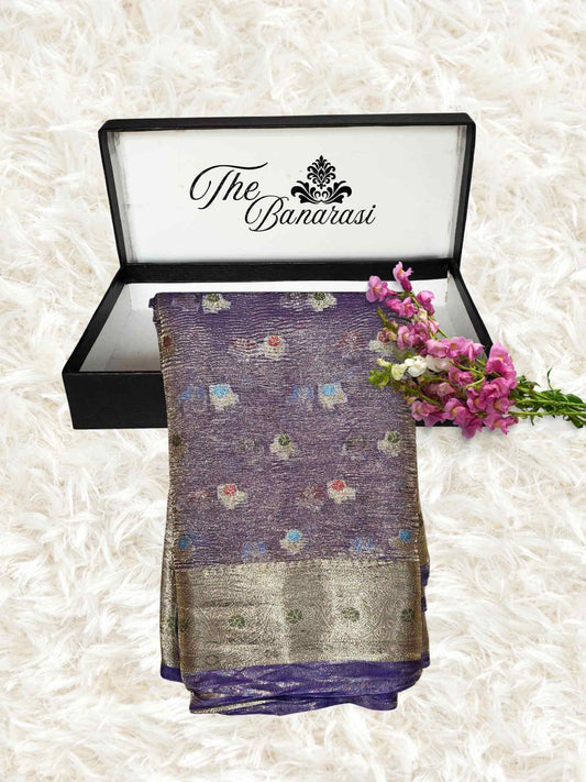 Luxury Violet Handwoven Banarasi Tissue Silk Saree - Partial View