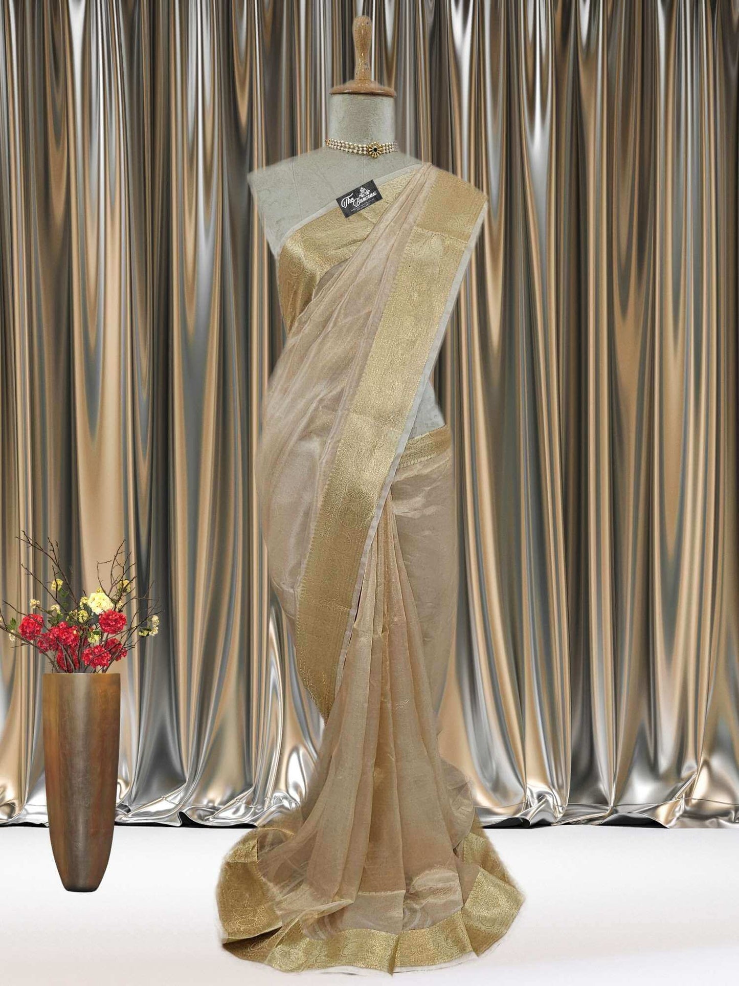 Mannequin wearing Luxury Light Golden Handwoven Banarasi Tissue Silk Saree - Full View