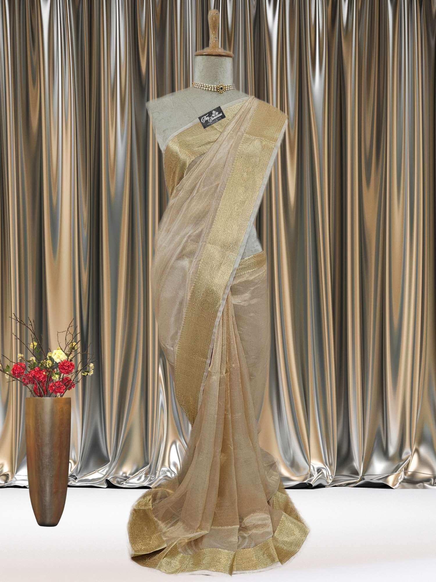 Mannequin wearing Luxury Light Golden Handwoven Banarasi Tissue Silk Saree - Full View