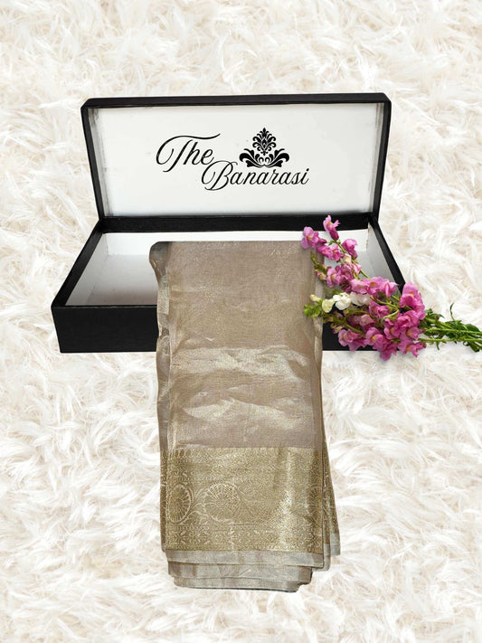Luxury Light Golden Handwoven Banarasi Tissue Silk Saree - Partial View