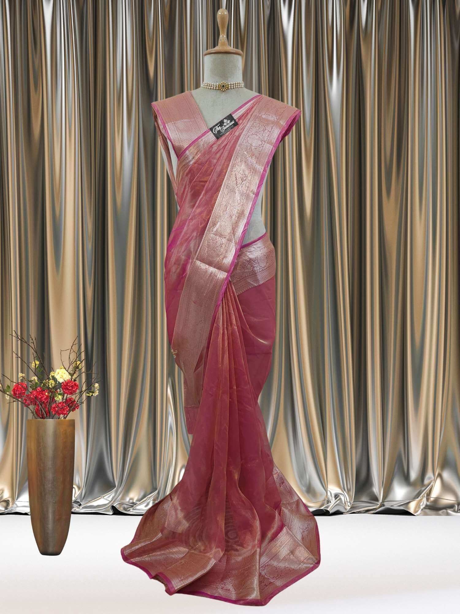 Mannequin wearing Luxury Punch Pink Handwoven Banarasi Tissue Silk Saree - Full View