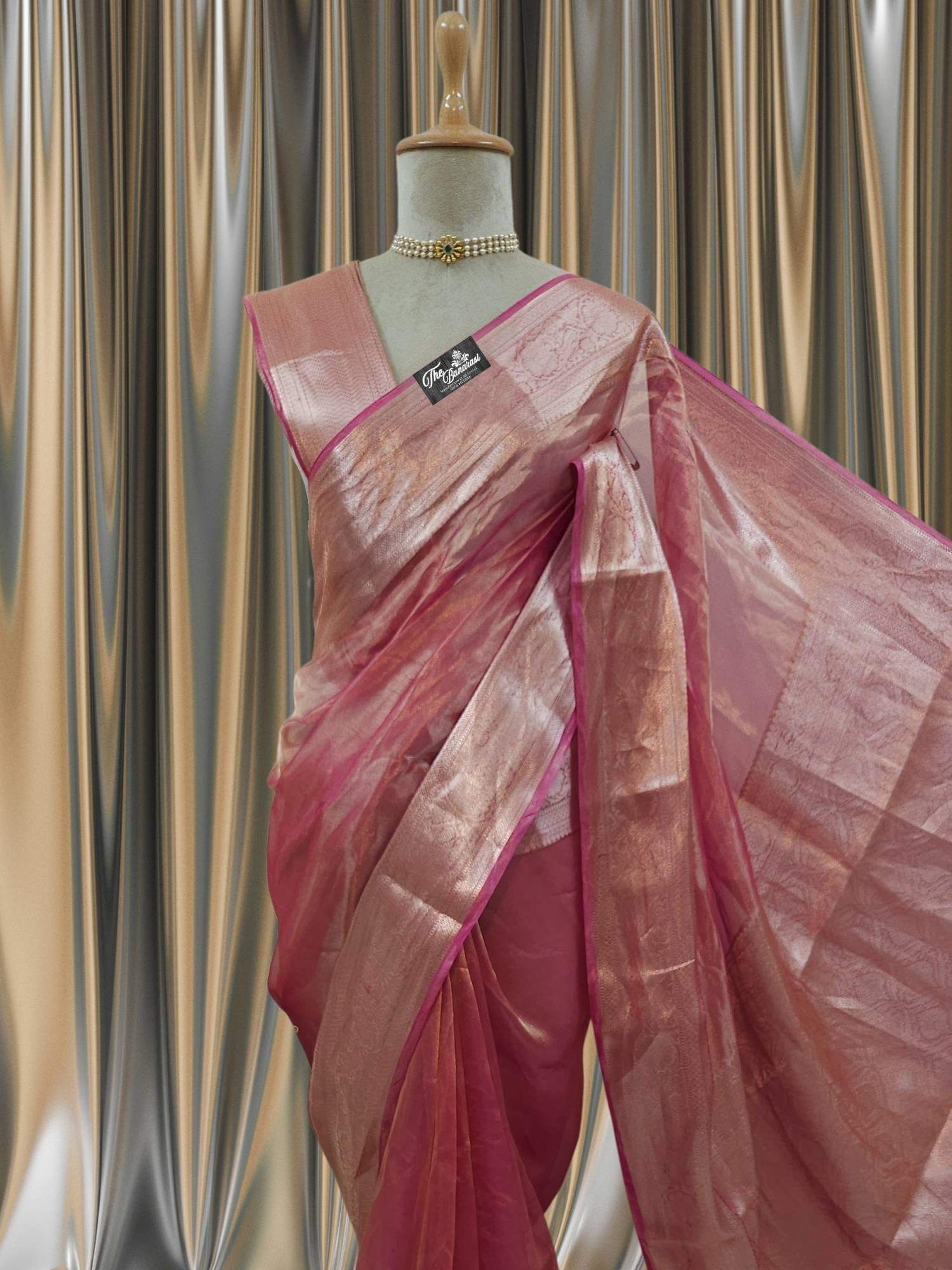 Close-up of Luxury Punch Pink Handwoven Banarasi Tissue Silk Saree