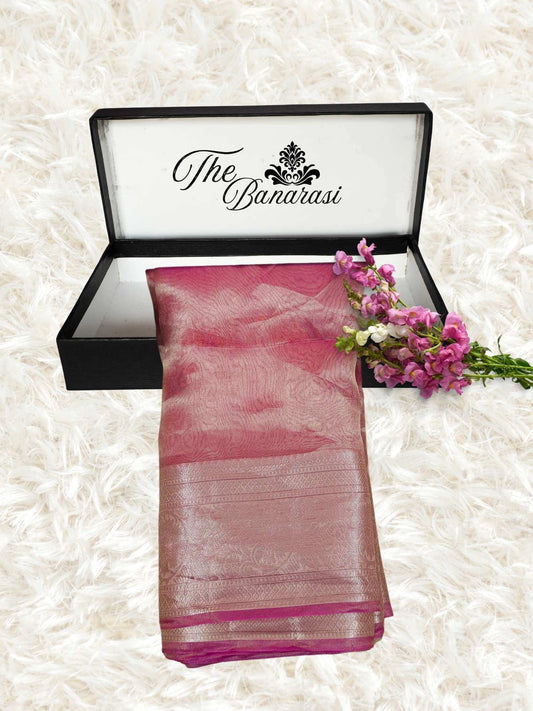 Luxury Punch Pink Handwoven Banarasi Tissue Silk Saree - Partial View