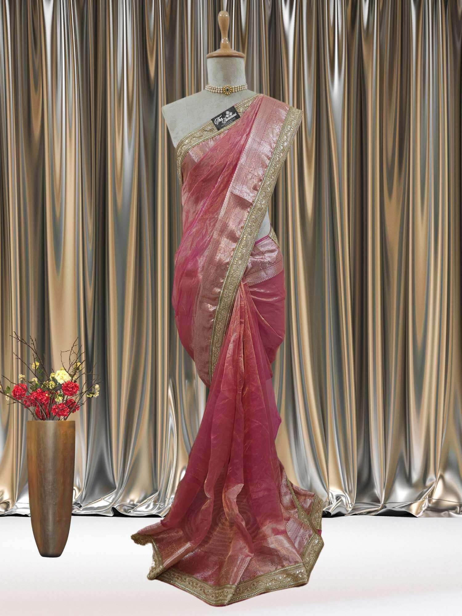 Mannequin wearing Luxury Rose Pink Handwoven Banarasi Tissue Silk Saree - Full View