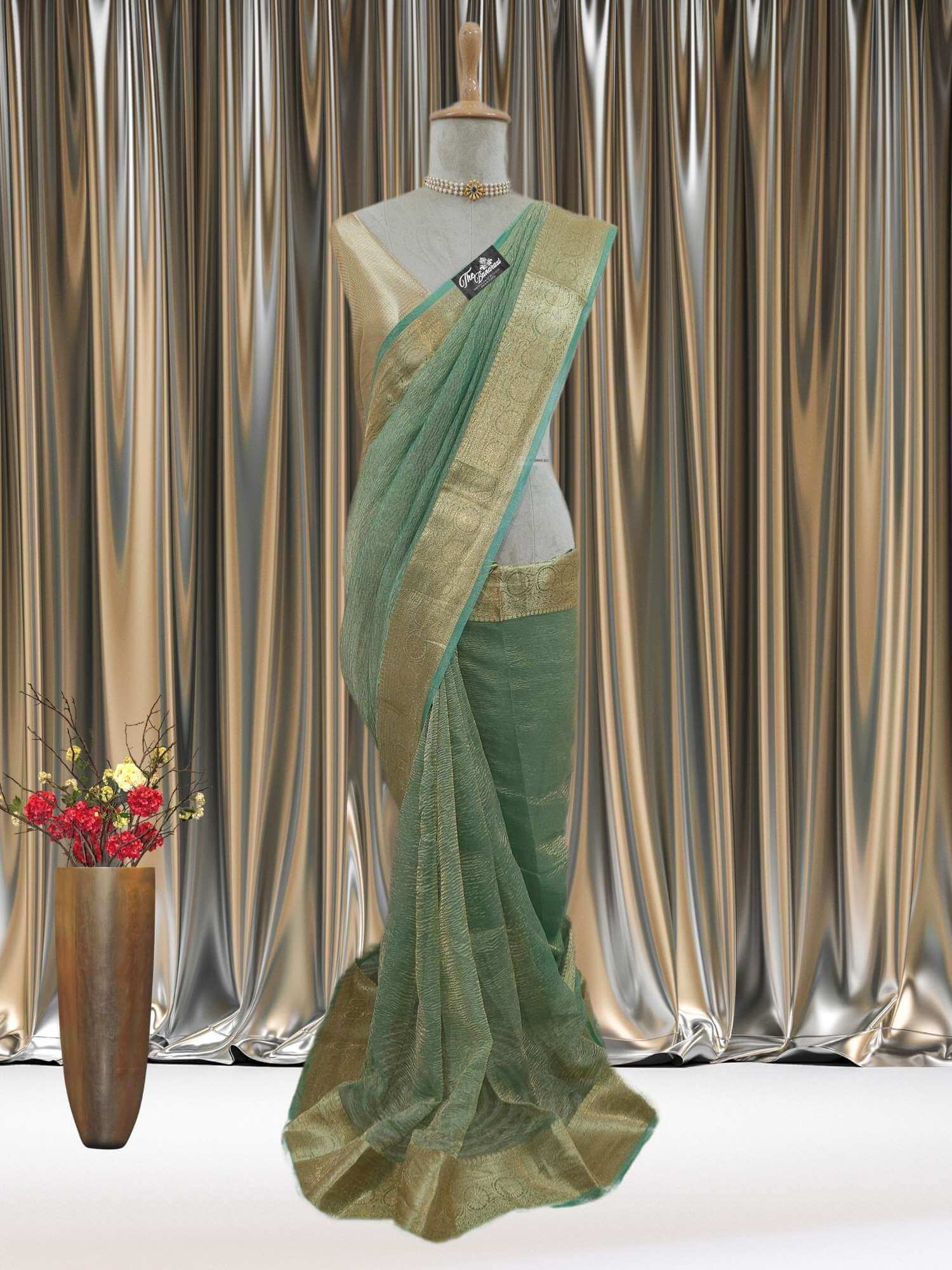Mannequin wearing Luxury Pista Color Handwoven Banarasi Tissue Silk Saree - Full View