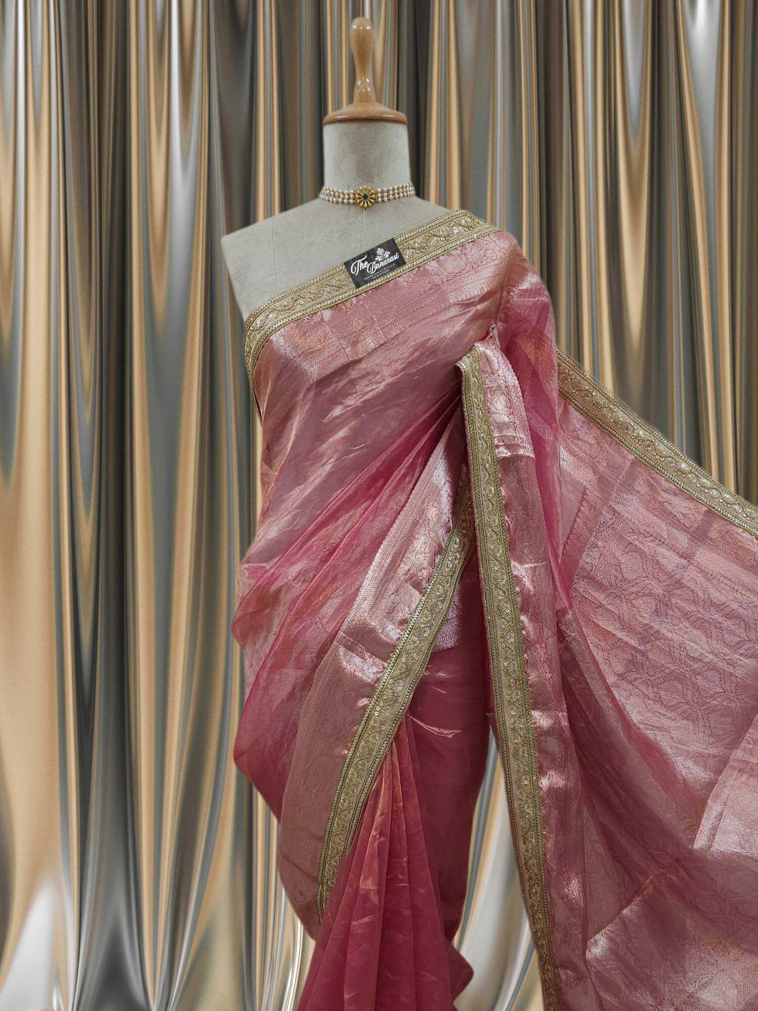 Close-up of Luxury Rose Pink Handwoven Banarasi Tissue Silk Saree