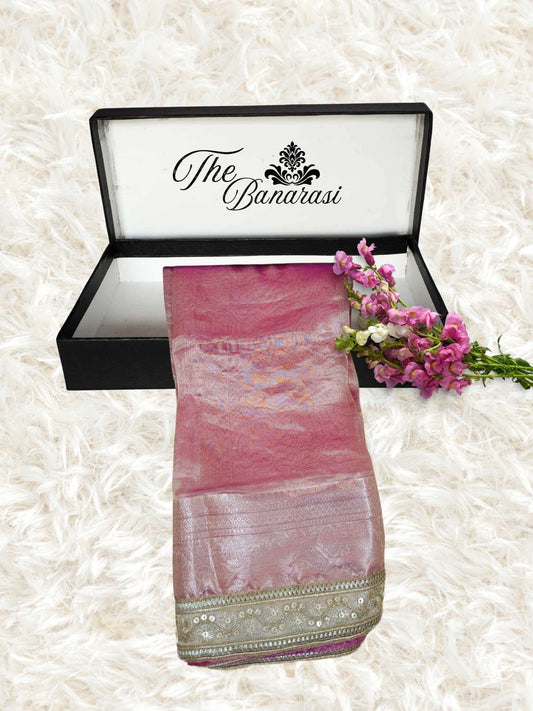 Luxury Rose Pink Handwoven Banarasi Tissue Silk Saree - Partial View