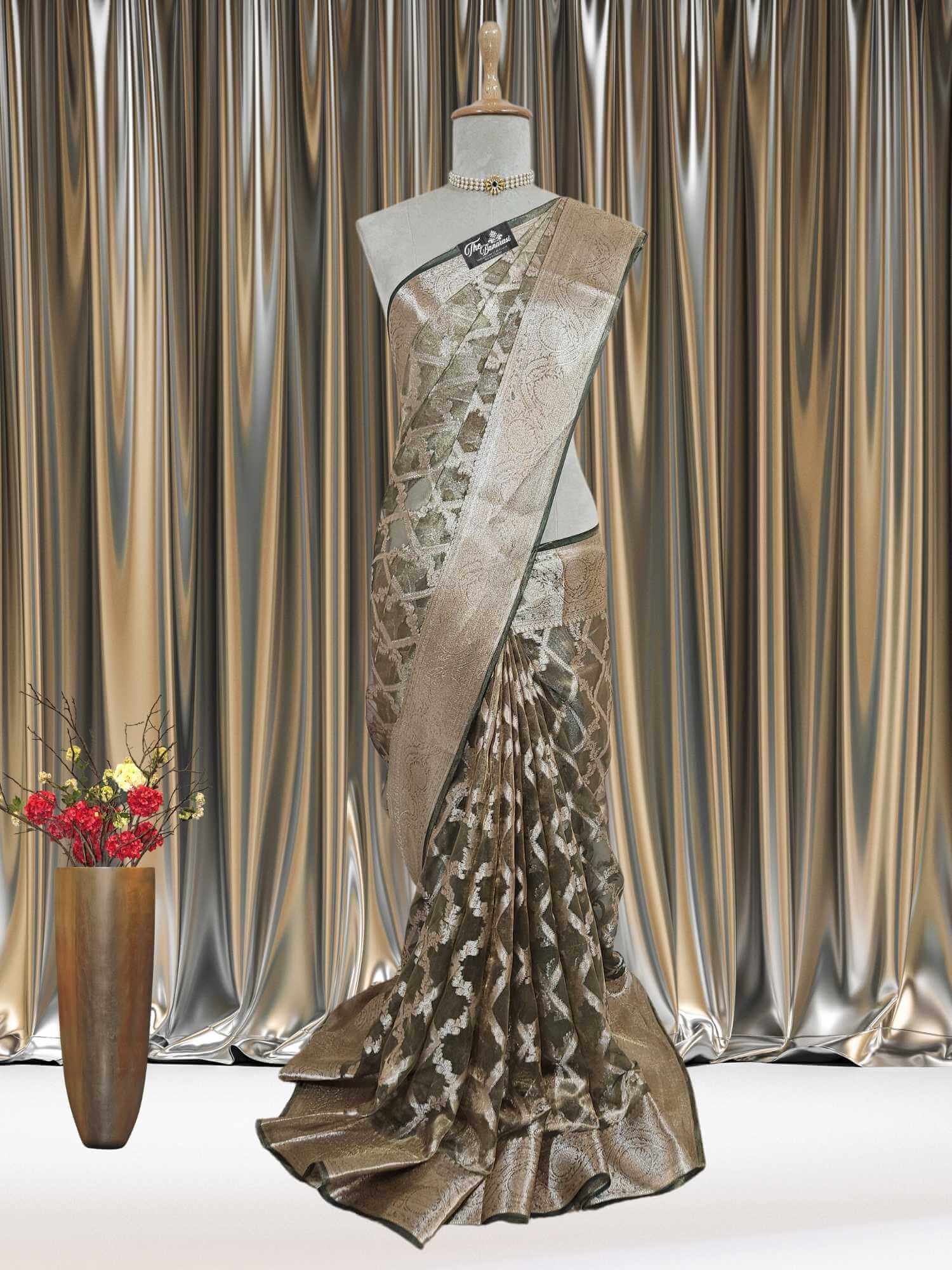 Mannequin wearing Luxury Army Green Handwoven Banarasi Tissue Silk Saree - Full View