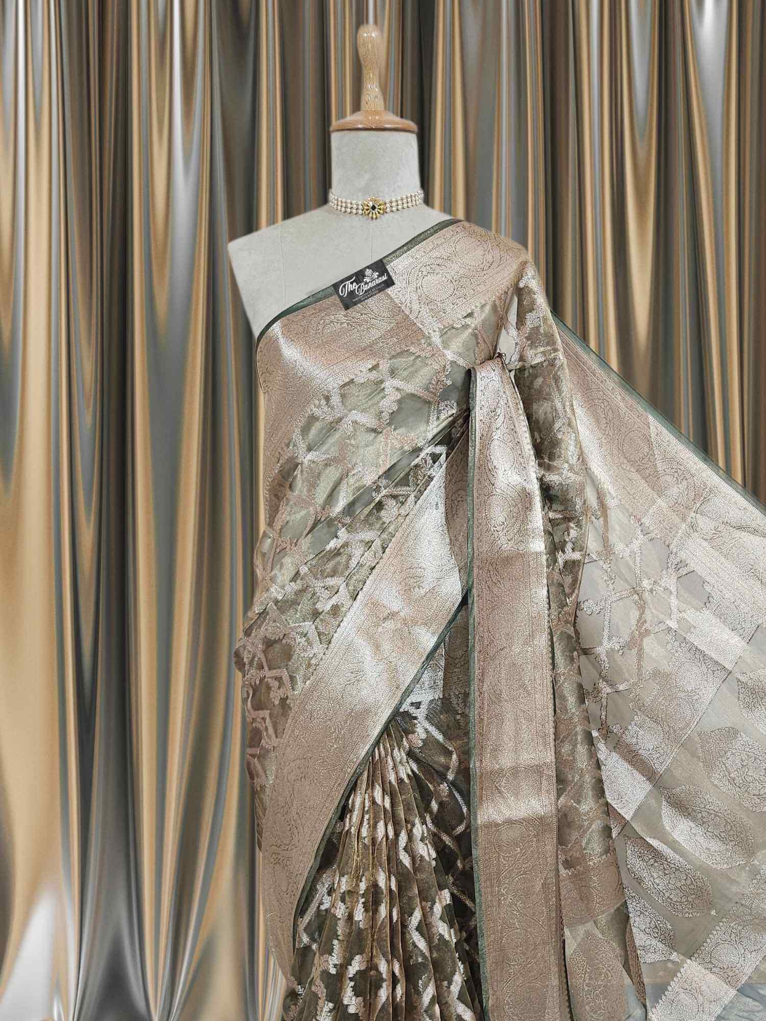 Close-up of Luxury Army Green Handwoven Banarasi Tissue Silk Saree