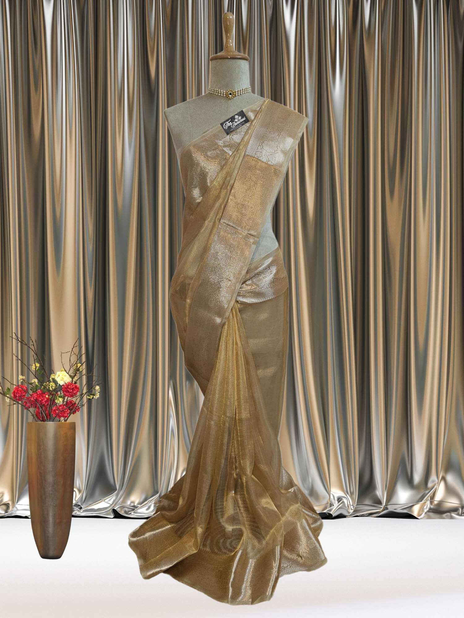 Mannequin wearing Luxury Golden Handwoven Banarasi Tissue Silk Saree - Full View