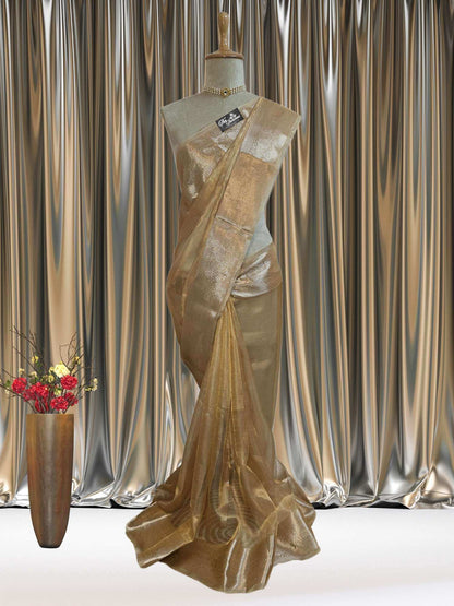 Mannequin wearing Luxury Golden Handwoven Banarasi Tissue Silk Saree - Full View