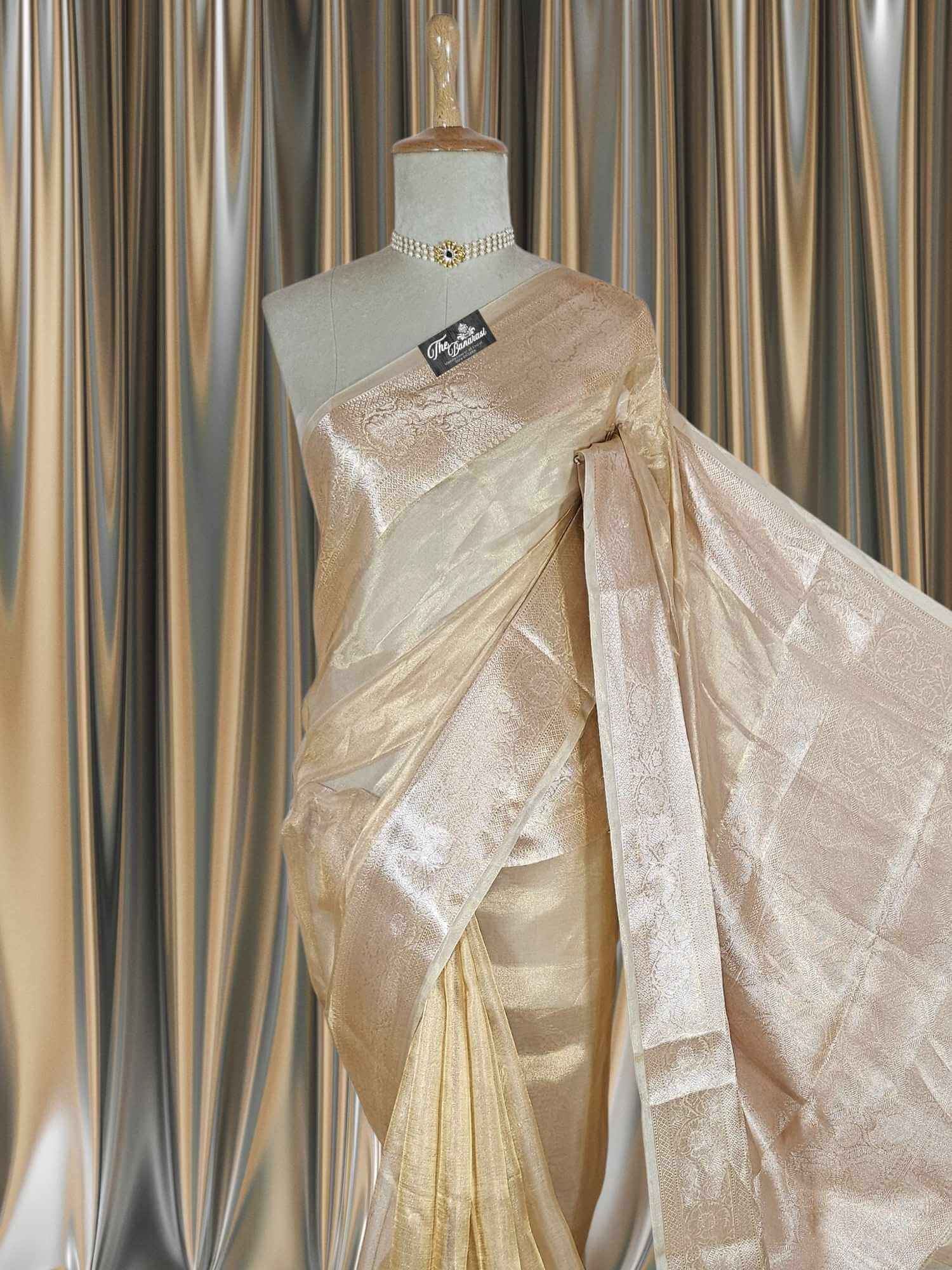Close-up of Luxury Golden Handwoven Banarasi Tissue Silk Saree