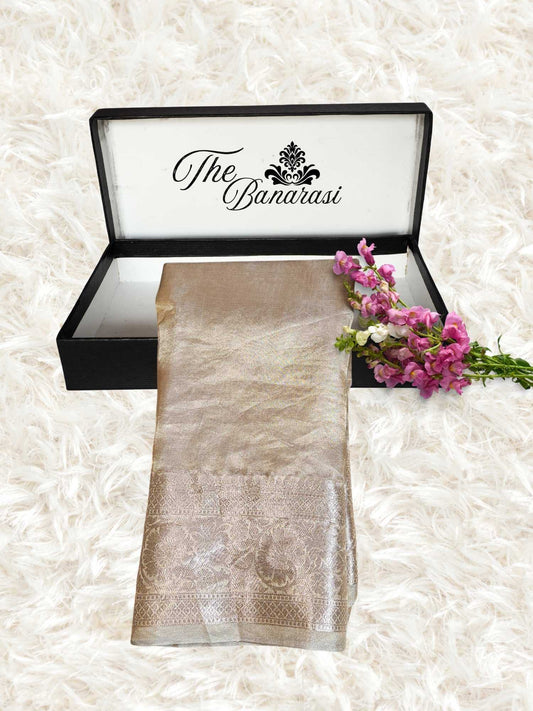 Luxury Golden Handwoven Banarasi Tissue Silk Saree - Partial View