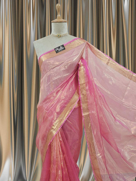 Close-up of Luxury Peach Pink Handwoven Banarasi Tissue Silk Saree