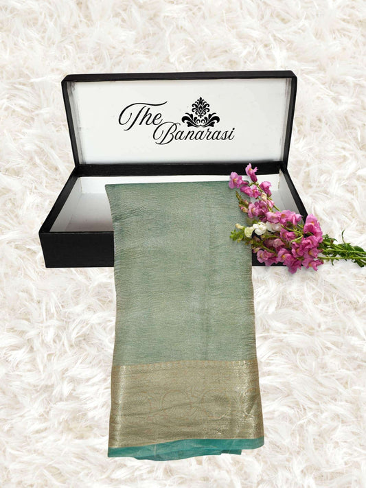 Luxury Pista Color Handwoven Banarasi Tissue Silk Saree - Partial View