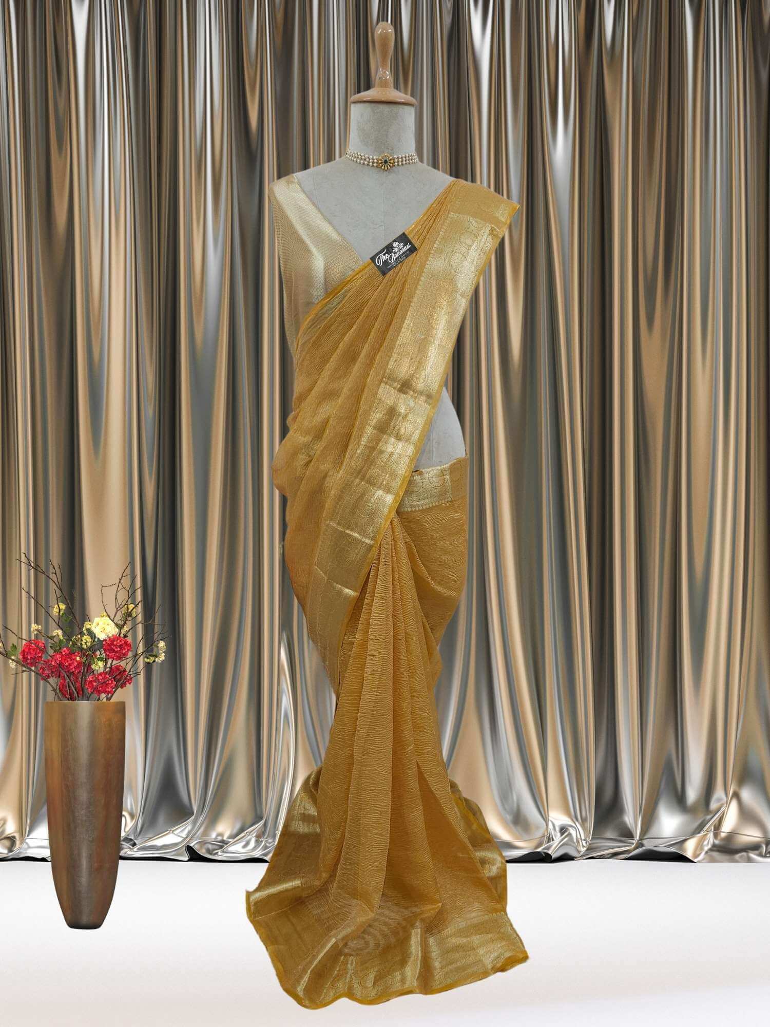Mannequin wearing Luxury Tuscan Sun Handwoven Banarasi Tissue Silk Saree - Full View