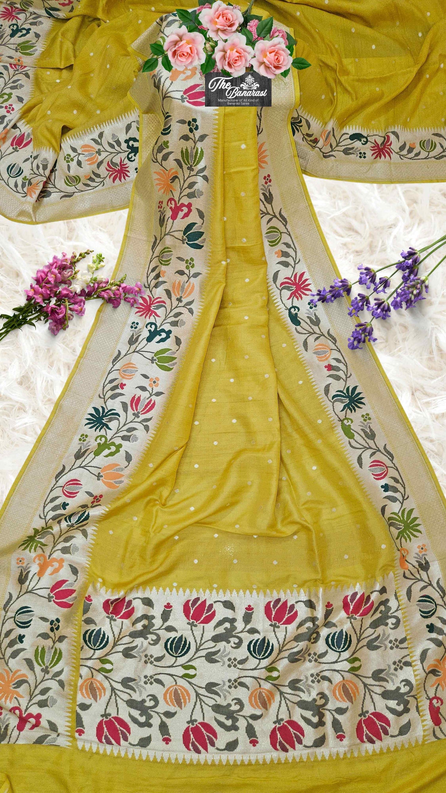Citrine Yellow Pure Tussar Georgette Meenakari Design Banarasi Handloom Saree