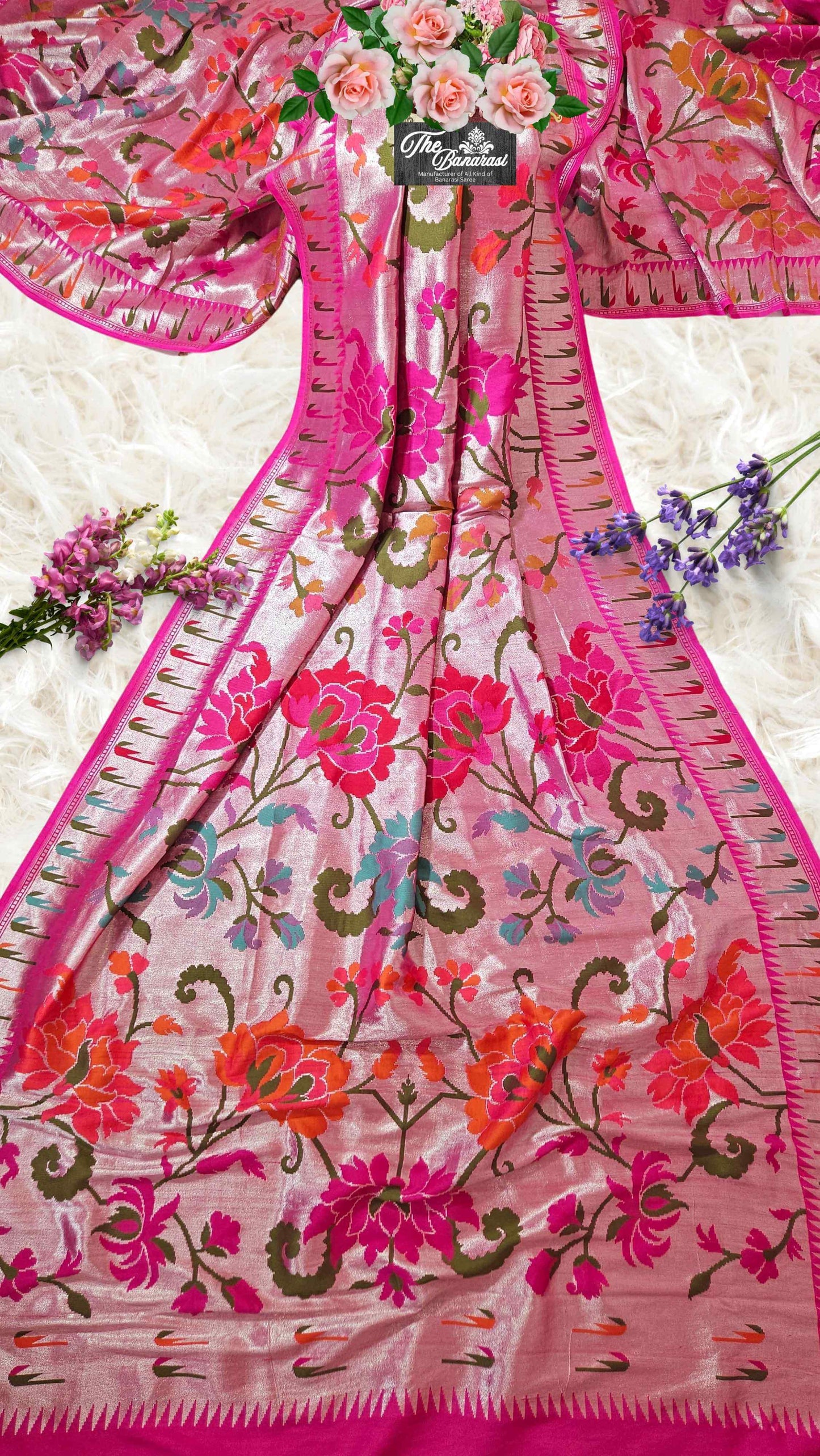 Magenta Pink Pure Tussar Georgette Pathani Design Banarasi Handloom Saree