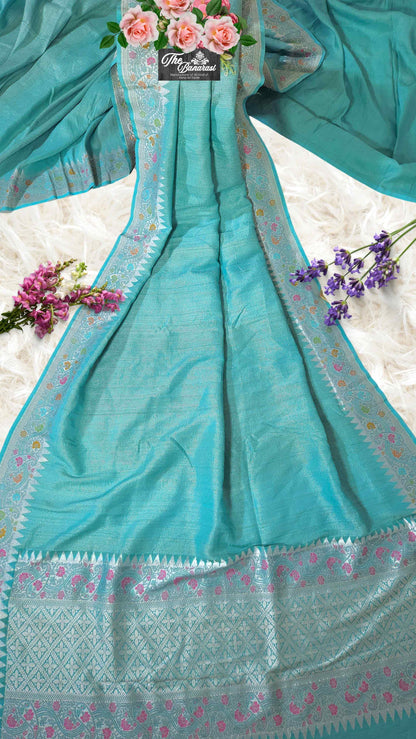 Sky Blue Pure Tussar Georgette Meenakari Design Banarasi Handloom Saree