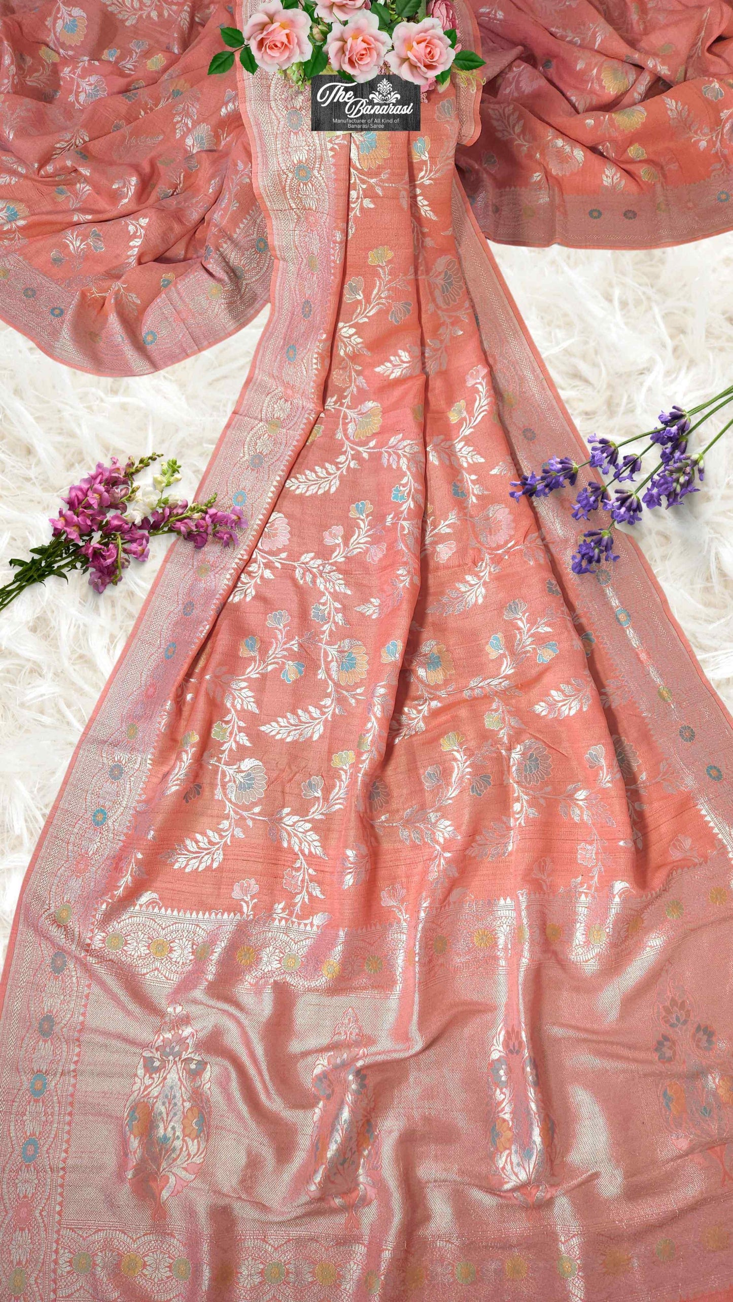 Coral Orange Pure Tussar Georgette Meenakari Design Banarasi Handloom Saree