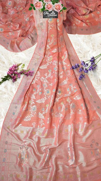 Coral Orange Pure Tussar Georgette Meenakari Design Banarasi Handloom Saree