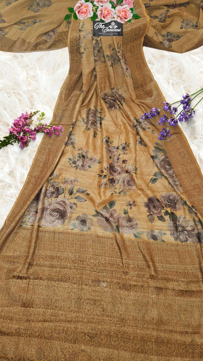 Golden Color Pure Tussar Georgette Meenakari Design Banarasi Handloom Saree