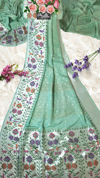 Sea Foam Pure Tussar Georgette Paithani Design Banarasi Handloom Saree