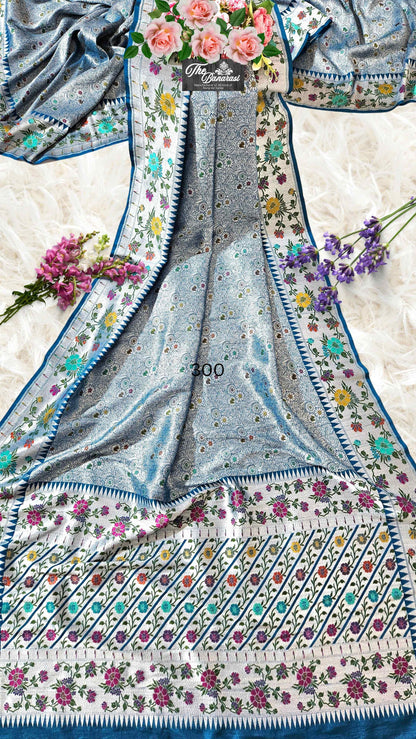 Dodge Blue Pure Tussar Georgette Meenakari Design Banarasi Handloom Saree