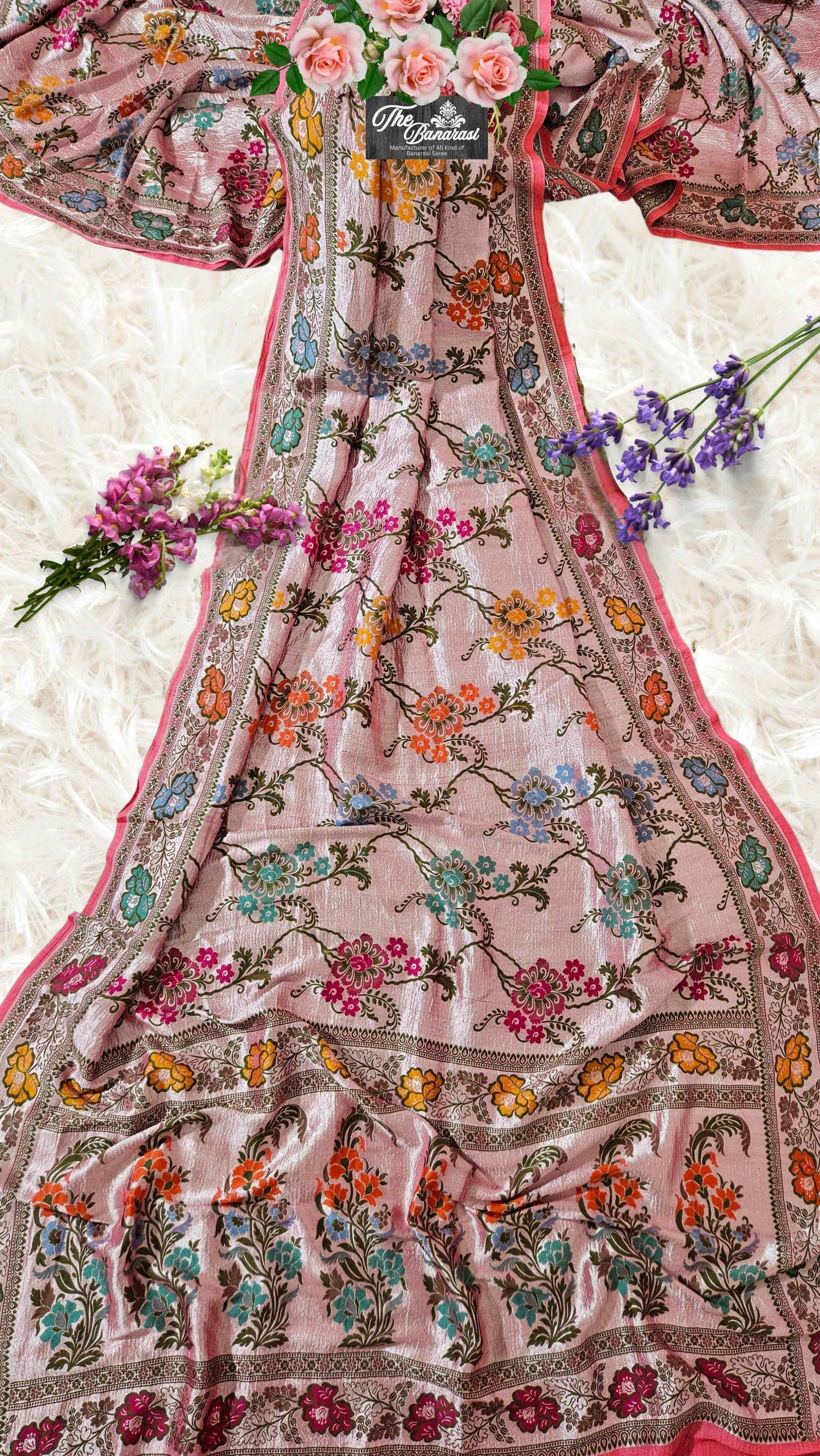 Salmon Pink Pure Tussar Georgette Meenakari Design Banarasi Handloom Saree