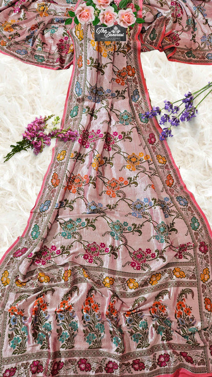 Salmon Pink Pure Tussar Georgette Meenakari Design Banarasi Handloom Saree