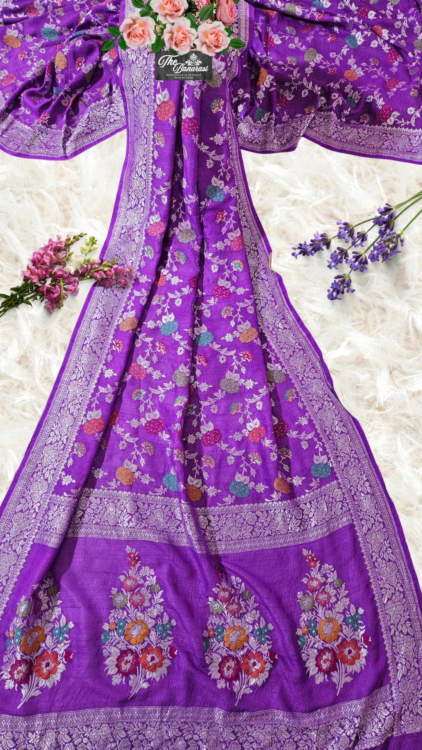 Purple Pure Tussar Georgette Meenakari Design Banarasi Handloom Saree
