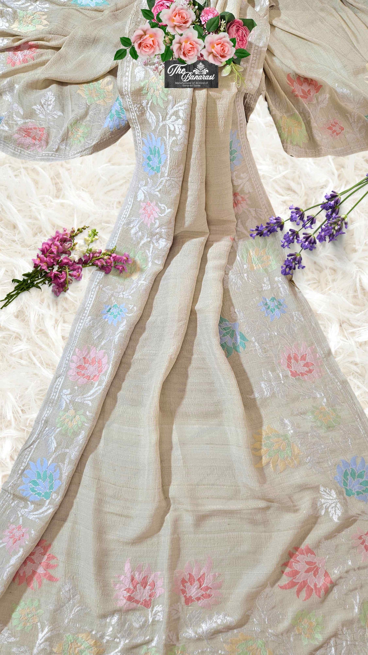 Pearl White Pure Tussar Georgette Meenakari Design Banarasi Handloom Saree