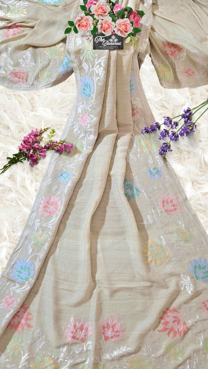 Pearl White Pure Tussar Georgette Meenakari Design Banarasi Handloom Saree