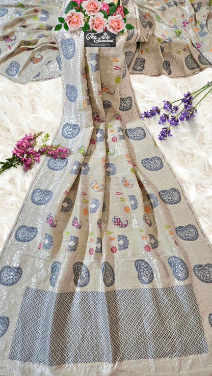 Off White Pure Tussar Georgette Meenakari Design Banarasi Handloom Saree
