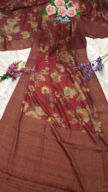 Maroon Color Pure Tussar Georgette Antique Zari Print Banarasi Handloom Saree