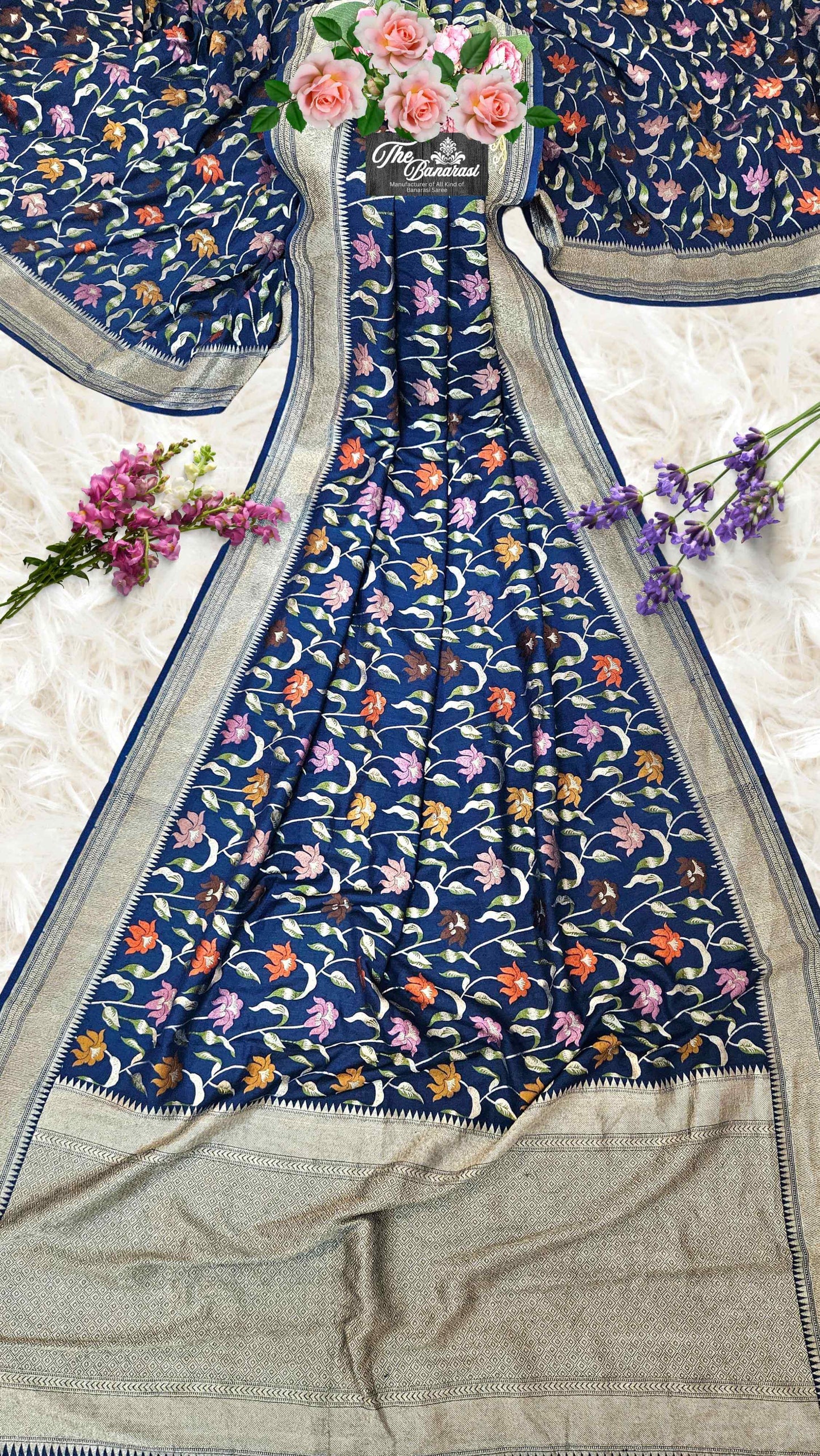 Royal Blue Pure Tussar Georgette Meenakari Design Banarasi Handloom Saree