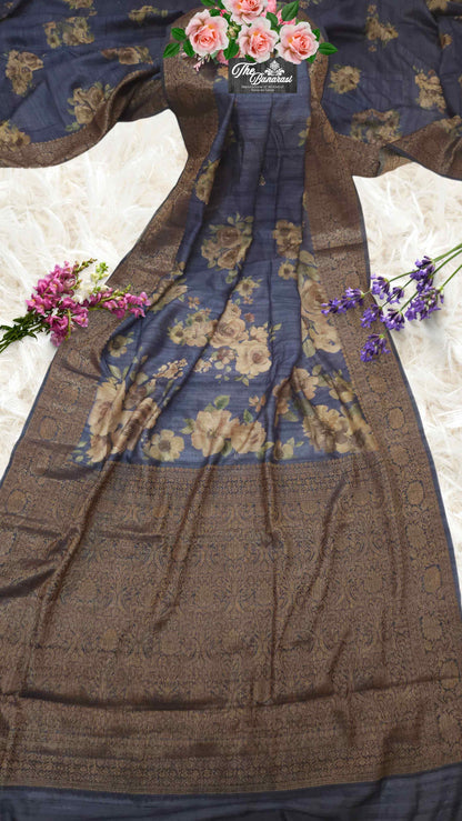 Blue Color Pure Tussar Georgette Antique Zari Print Banarasi Handloom Saree