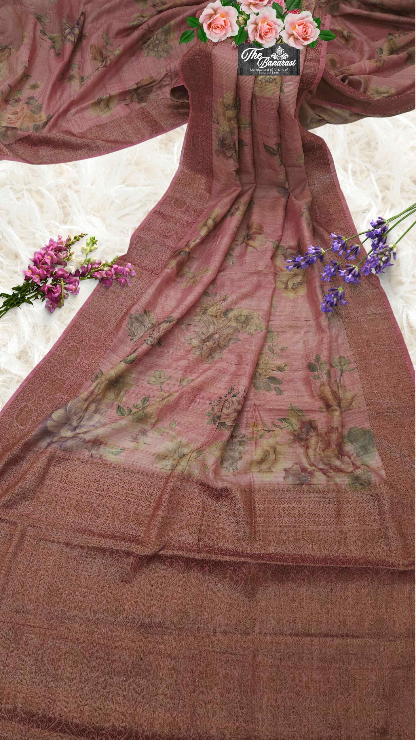 Rose Pink Pure Tussar Georgette Antique Zari Print  Banarasi Handloom Saree